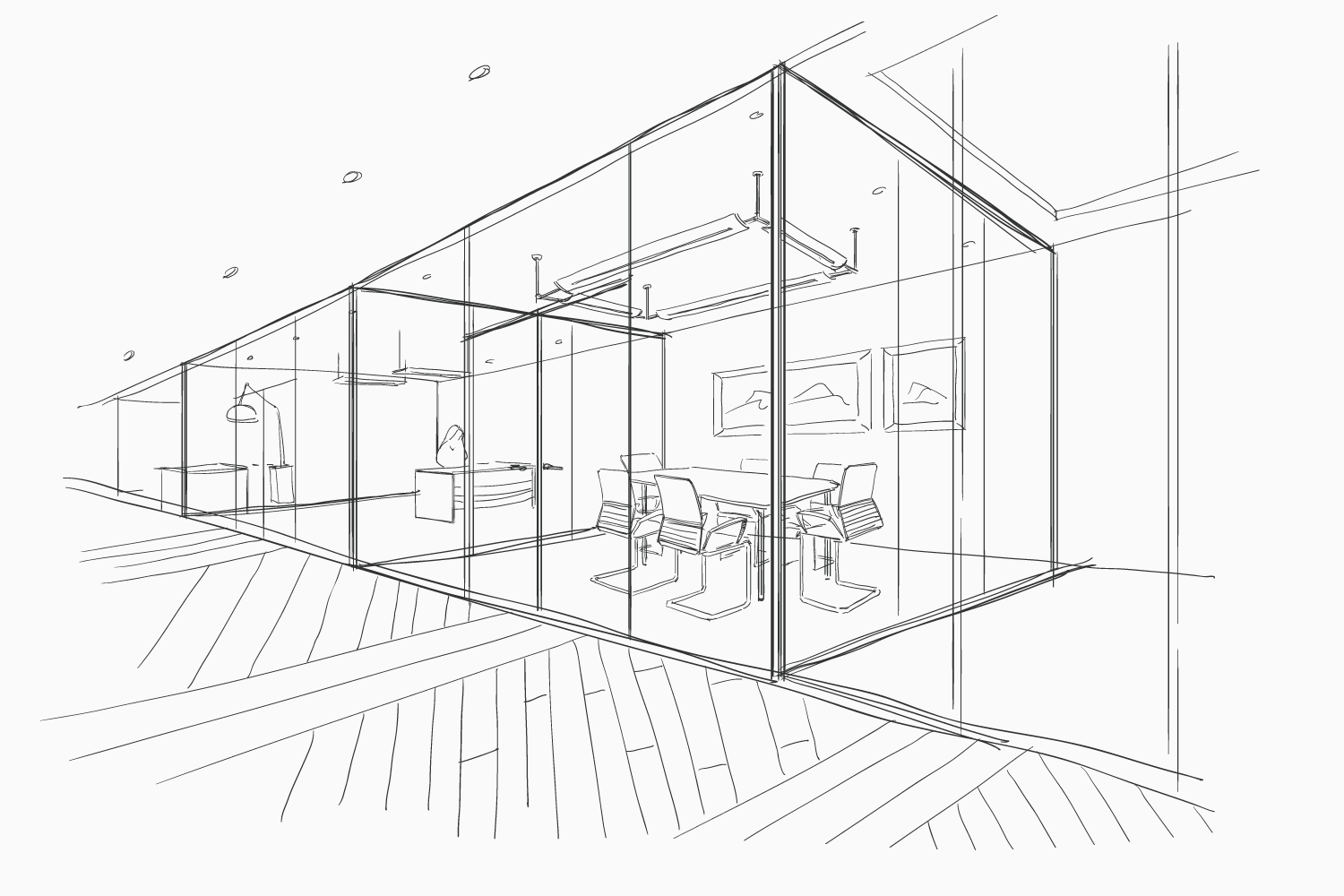 Hand drawn architectural sketch of an offices conference room and its lighting